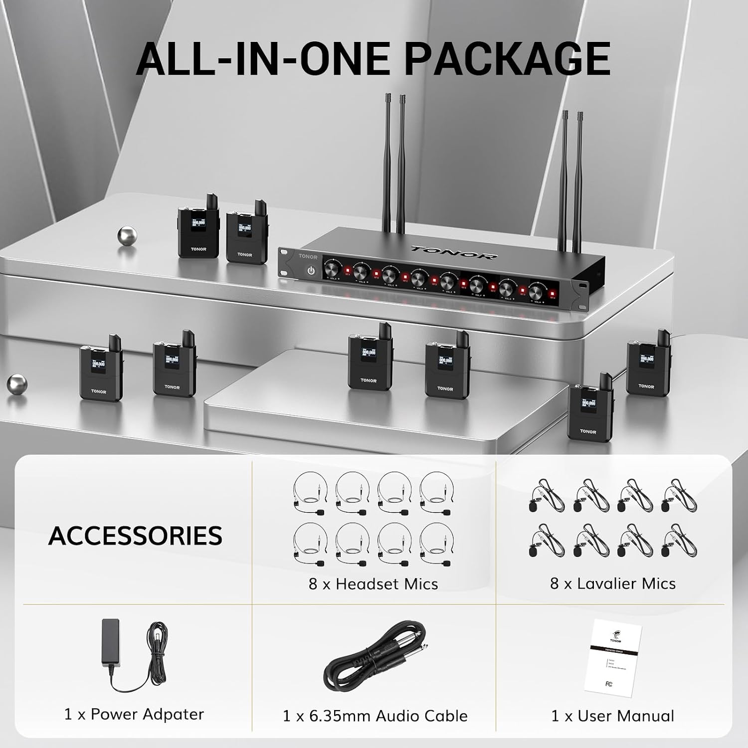 TONOR Wireless Microphones System with 8x12 Channels Headset/Lavalier Lapel Mics, Bodypack Transmitter, Receiver, 90 m/295ft UHF Range for Church Conference Performance Singing Karaoke PA Speaker